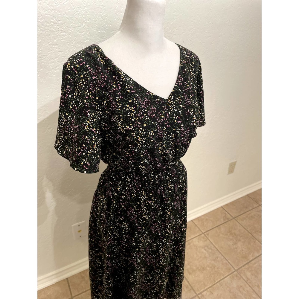 Black, Purple and Green Floral Flutter Sleeve Midi Dress